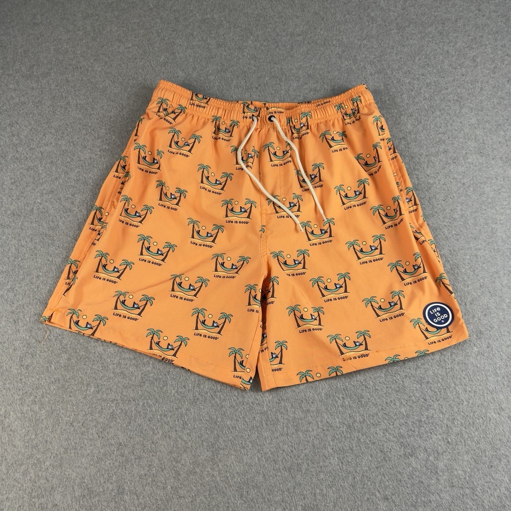 Life is Good Jake Hammock Swim Trunks Orange Palm Tree UPF 50+ Mens M